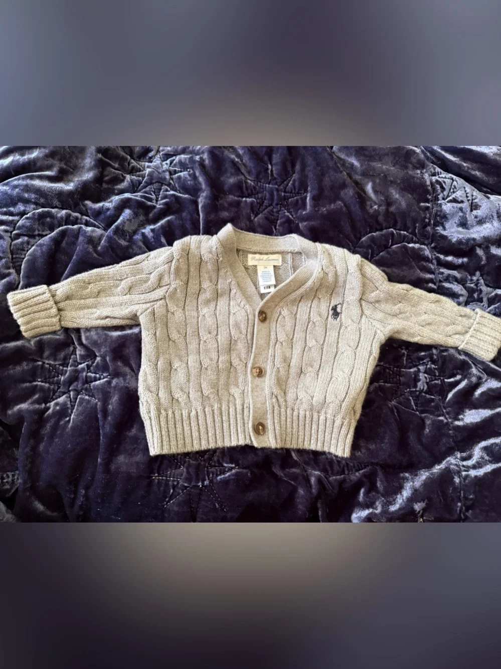 Ralph Lauren Baby Grey Cable-Knit Cardigan with Navy Logo